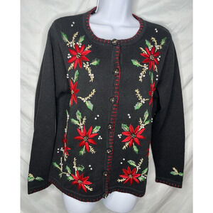 Victoria Jones Holiday Cardigan Sweater Ramie Blend Poinsettia Embroidery Size S